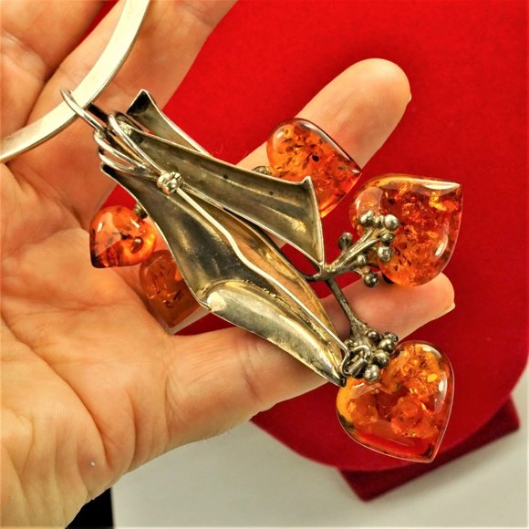 MASSIVE AMBER STERLING PENDANT & BROOCH WITH OMEGA WIRE NECKLACE, RARE JEWELRY - Picture 11 of 16